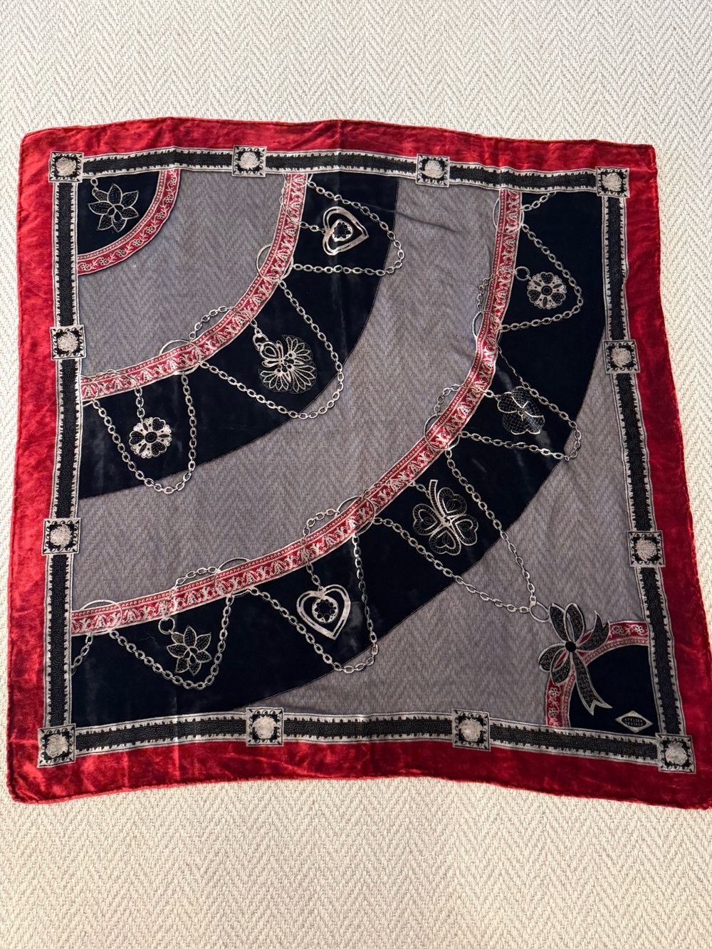 Versace Velvet and Mesh Black & Red Chain-Print Silk Scarf